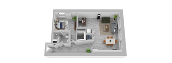 A 3D floor plan of a small apartment with a kitchen, living room, and bathroom.