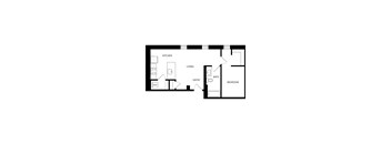 A floor plan of a small apartment with a kitchen, living room, entry, bathroom and bedroom.