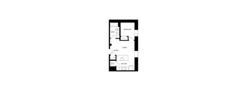 A floor plan of a small apartment with a bedroom, living room, kitchen, and bathroom.