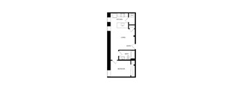 A floor plan of a small apartment with a bedroom, bathroom, living room and kitchen.