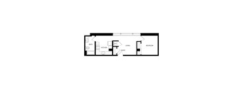A floor plan of a small apartment with a living room, bedroom, kitchen, and bathroom.