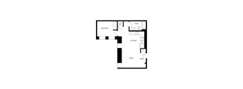 A floor plan of a house with a bedroom, bathroom, kitchen, living room and an entry.