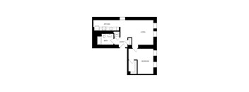 A floor plan of a small apartment with a kitchen, bathroom, living room and bedroom.