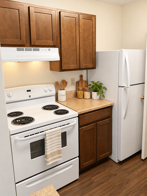 A white stove and oven with a white refrigerator in a kitchen.