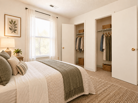 A bedroom with a large bed and a closet with clothes hanging.