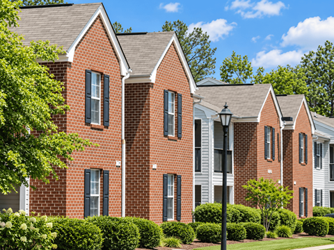 A red brick building with white trim and black shutters.