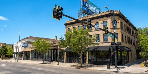 A street view of a city with a traffic light and a building with a sign that reads "The Standard".