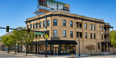 A building with a sign that says 130 PLAYN 420 AUSTIN.