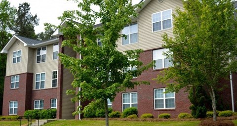 an apartment building with a tree in front of it