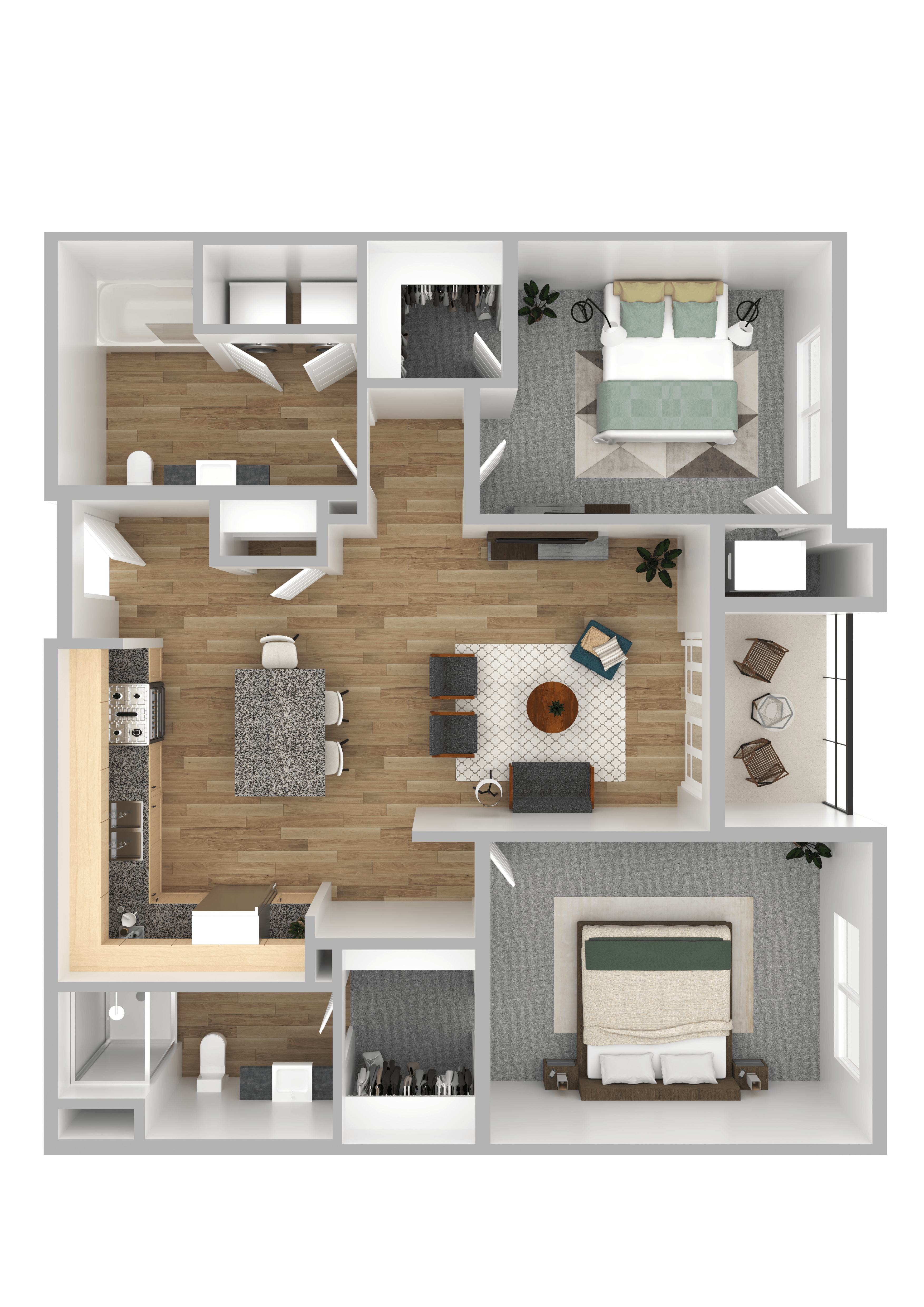 A 3D floor plan of a house with a living room, kitchen, dining room, and bedrooms.