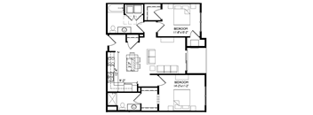 A black and white image of a floor plan for a house with two bedrooms.