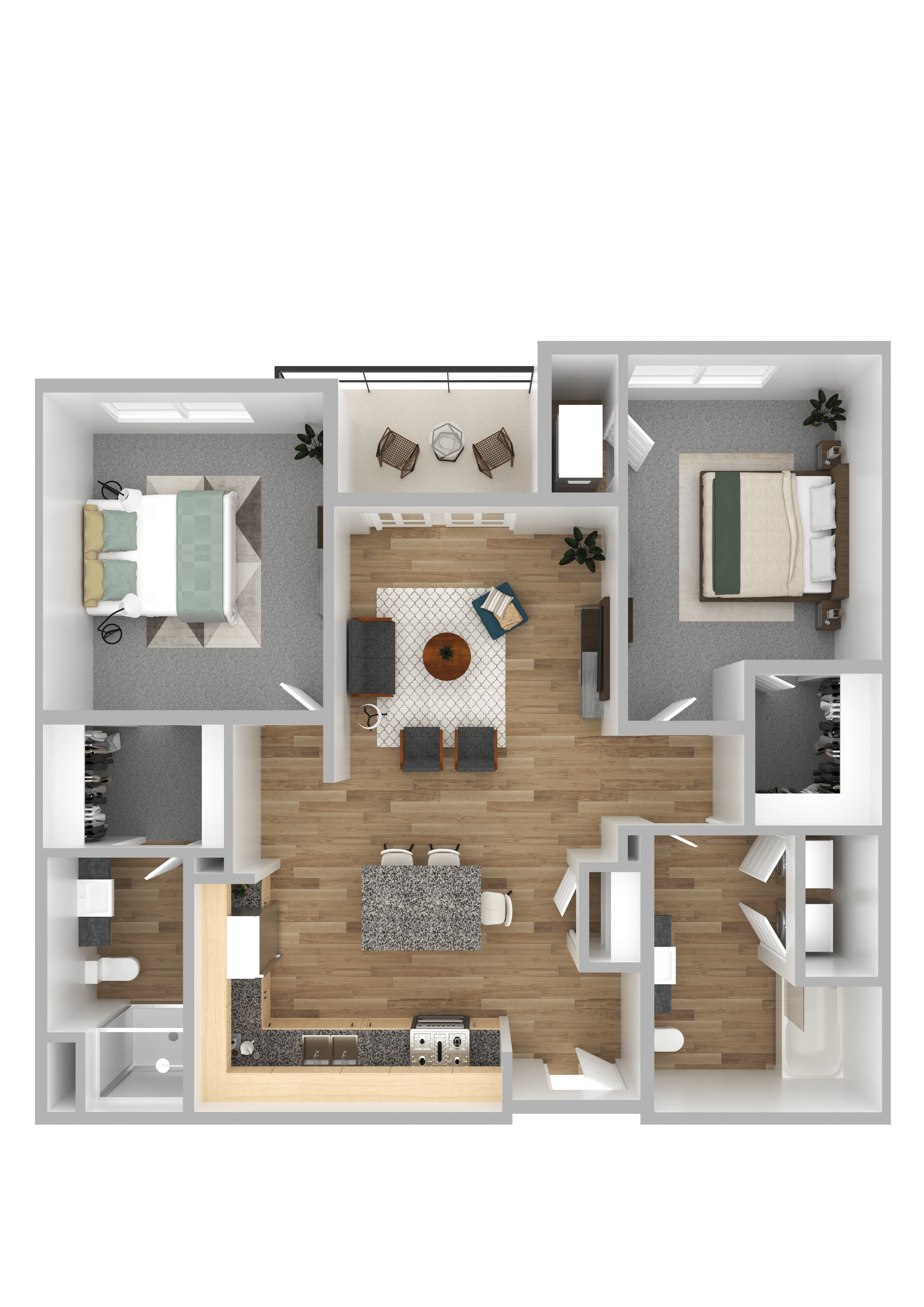 A 3D floor plan of a house with a living room, dining room, kitchen, and two bedrooms.
