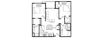A black and white image of a floor plan for a house with two bedrooms.