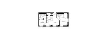 A floor plan of a living space with two bedrooms, a kitchen, and two bathrooms.