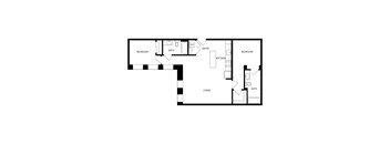 A black and white floor plan of a house with two bedrooms, a living room, a kitchen, and a bathroom.
