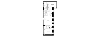 A floor plan of a small apartment with a living area, kitchen, and two bedrooms.