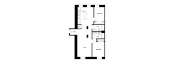 A floor plan of a house with a kitchen, two bathrooms, two bedrooms, and an entry.