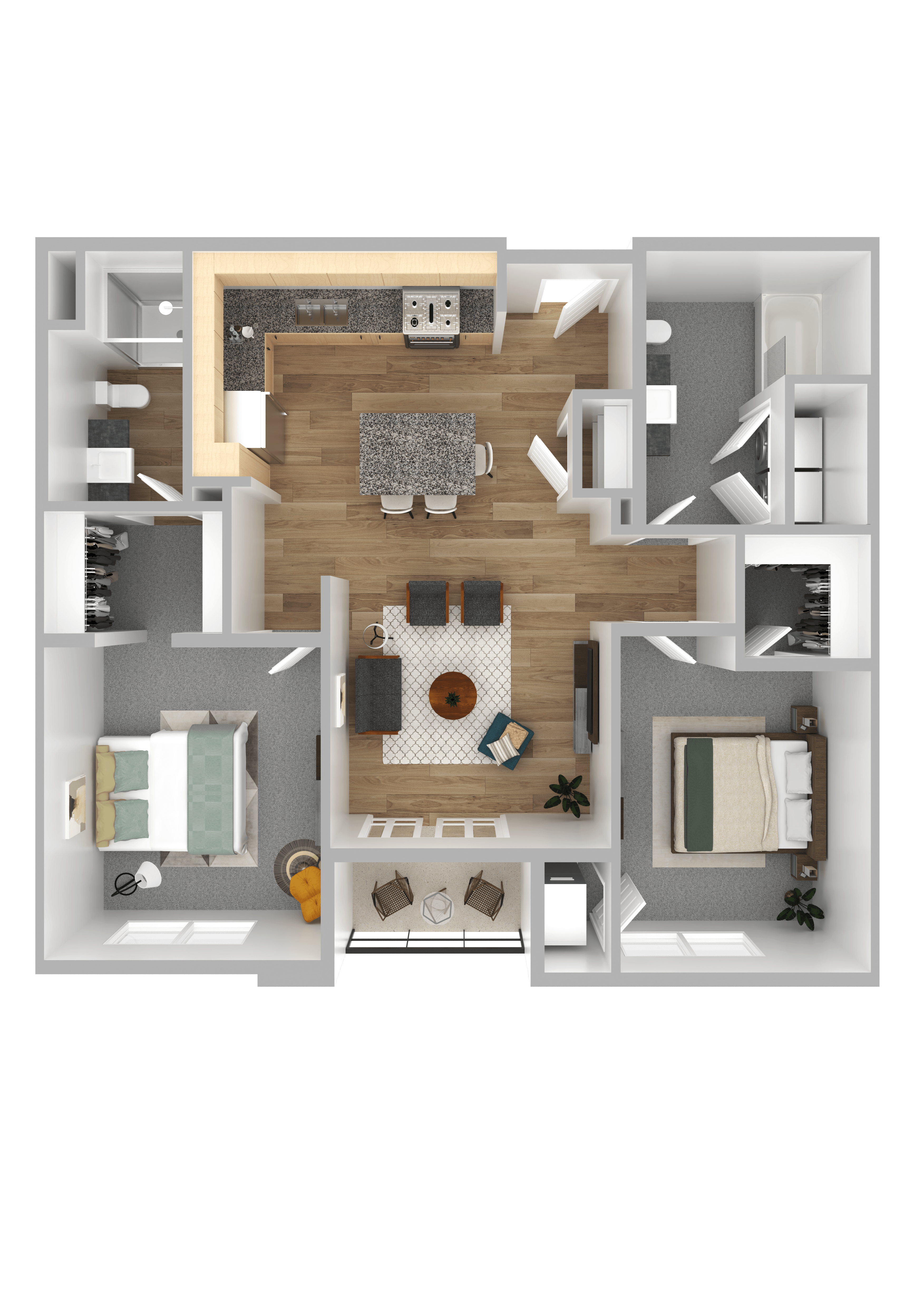 A 3D floor plan of a house showing a kitchen, living room, dining area, and two bedrooms.