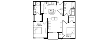 A black and white image of a floor plan for a house with two bedrooms.