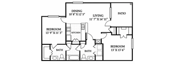 A black and white image of a house floor plan with a dining area, living room, kitchen, two bathrooms, and two bedrooms.
