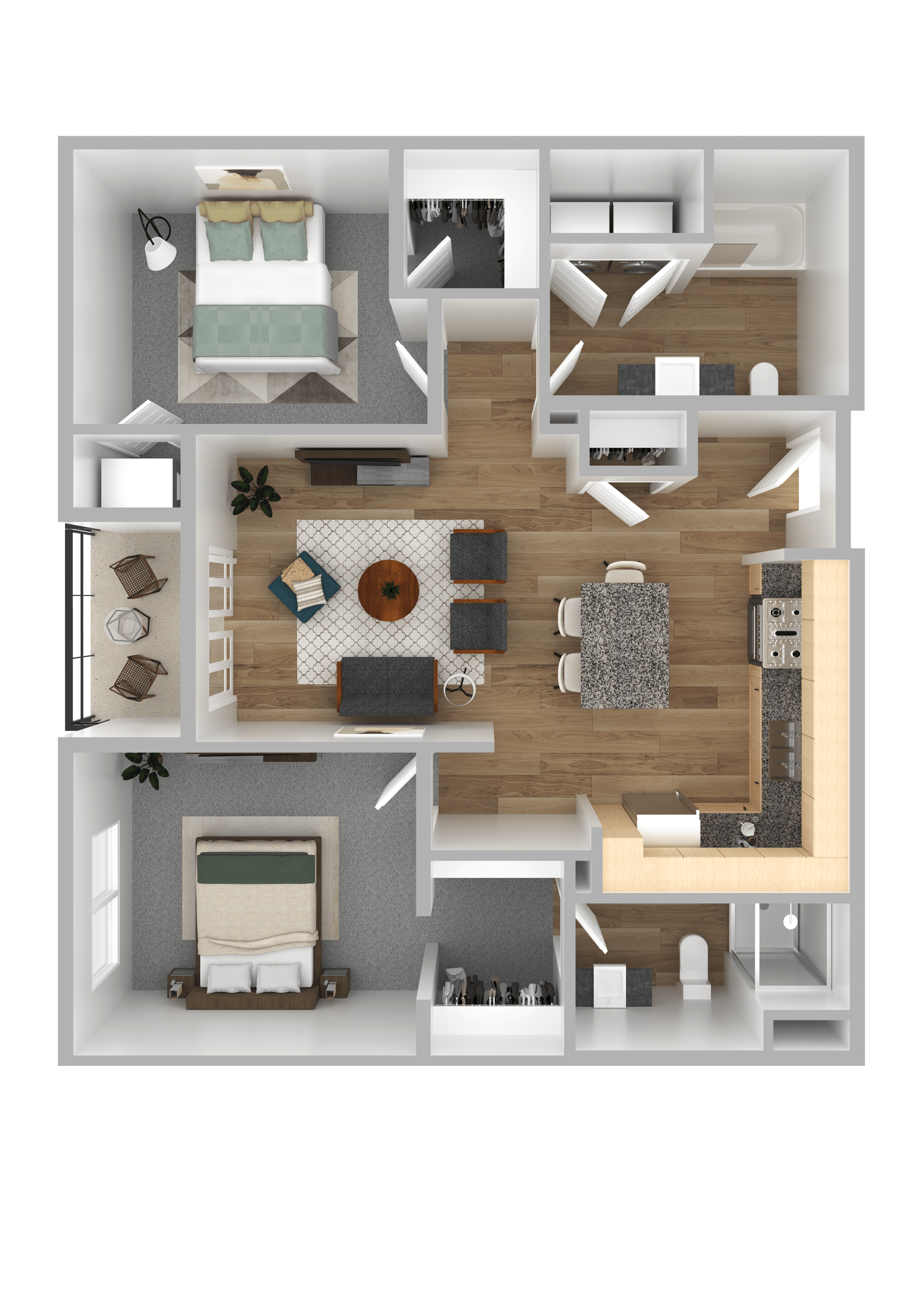 A top-down view of a room with a couch, chairs, a table, and a rug.
