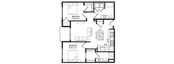 A black and white image of a floor plan for a two bedroom apartment.