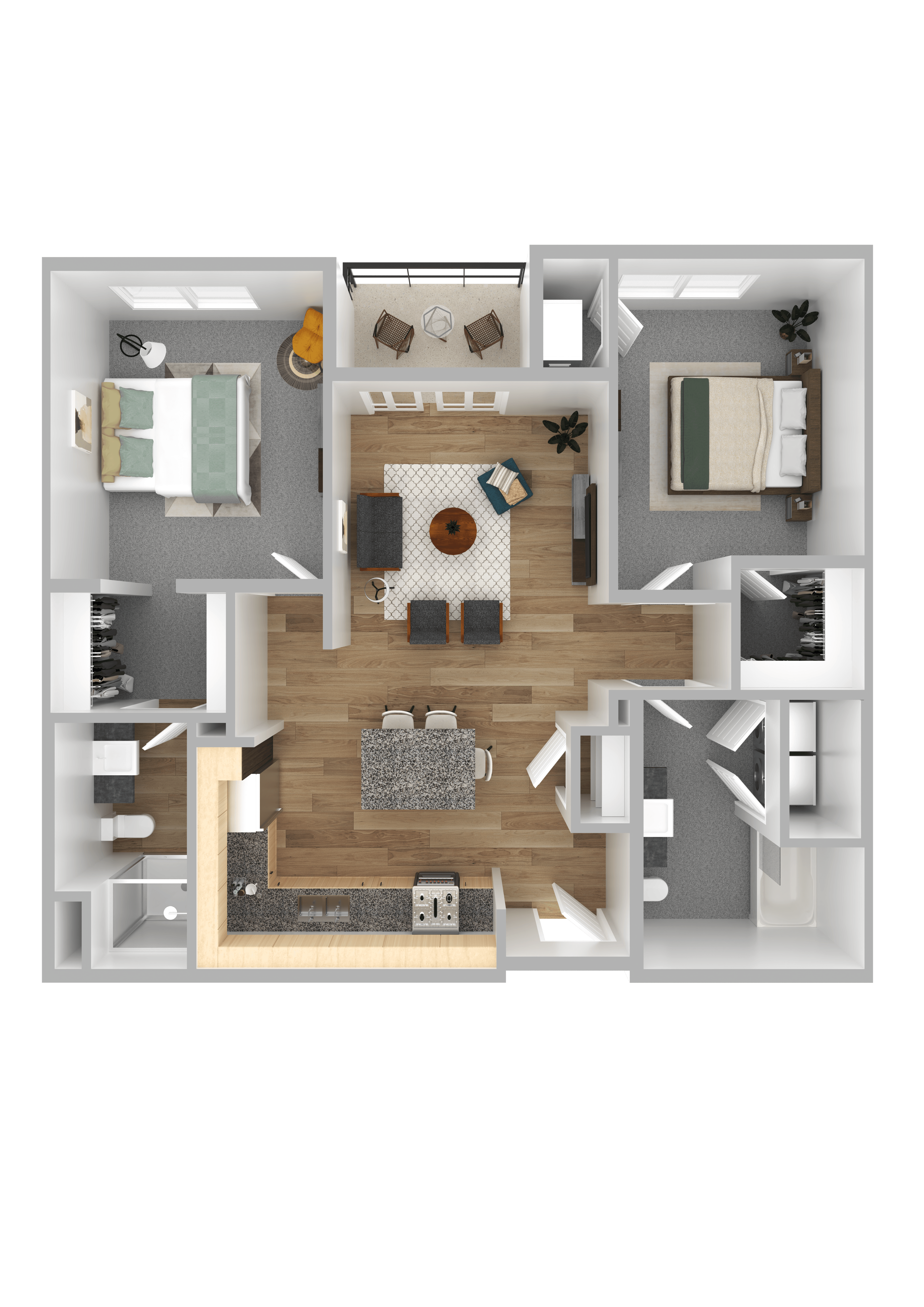 A top-down view of a house layout with a central living area, bedrooms, and a kitchen.