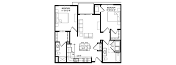 A black and white image of a floor plan for a house with two bedrooms.