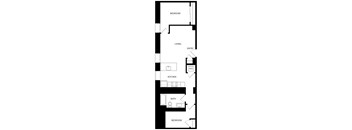 A floor plan of a small apartment with two bedrooms, a living room, a kitchen, and a bathroom.