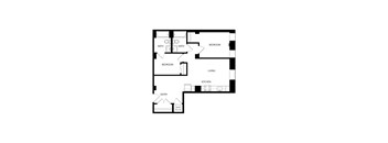 A floor plan of a house with two bedrooms, a living room, a kitchen, two bathrooms, and an entry.