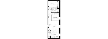 A floor plan of a small apartment with a living room, kitchen, and two bedrooms.