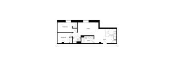 A floor plan of a small apartment with two bedrooms, a living room, a kitchen, a bathroom, and an entryway.