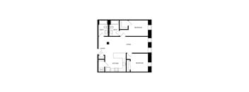 A floor plan of a house with two bedrooms, a living room, a kitchen, and a bathroom.