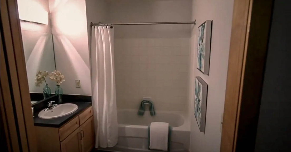 a bathroom with a shower and a sink