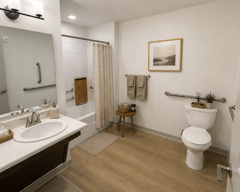 A bathroom with a toilet, sink, and shower.