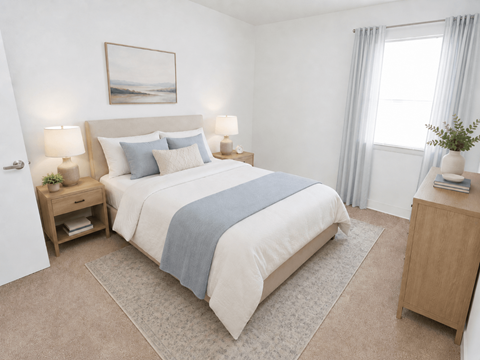 A bedroom with a bed, nightstand, and a painting on the wall.