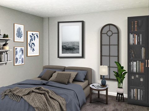 a bedroom with a bed and a book shelf