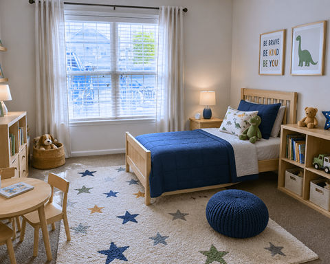 A bedroom with a bed, a chair, a table, a window with curtains, and a rug with stars on it.