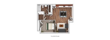 A floor plan of a room with a couch, chair, and television.