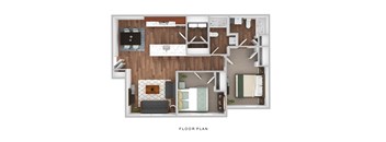 A floor plan of a house with a kitchen, living room, and bathroom.