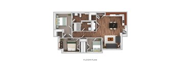 A floor plan of a house with a living room, kitchen, and two bedrooms.