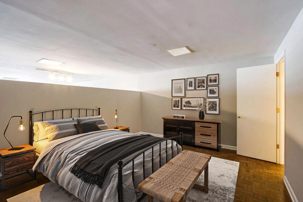 a bedroom with a bed and a closet