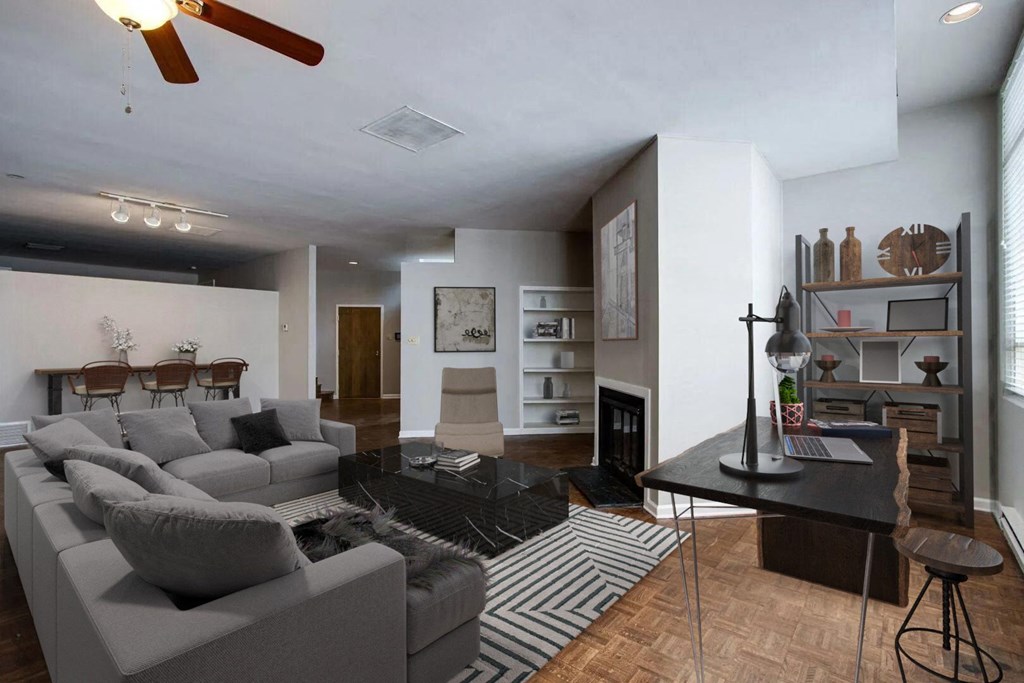 a living room with a couch and a table