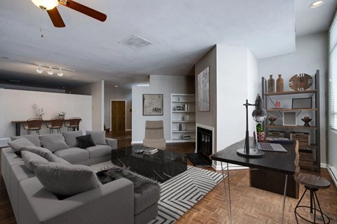 A living room with a grey couch and a black and white rug.