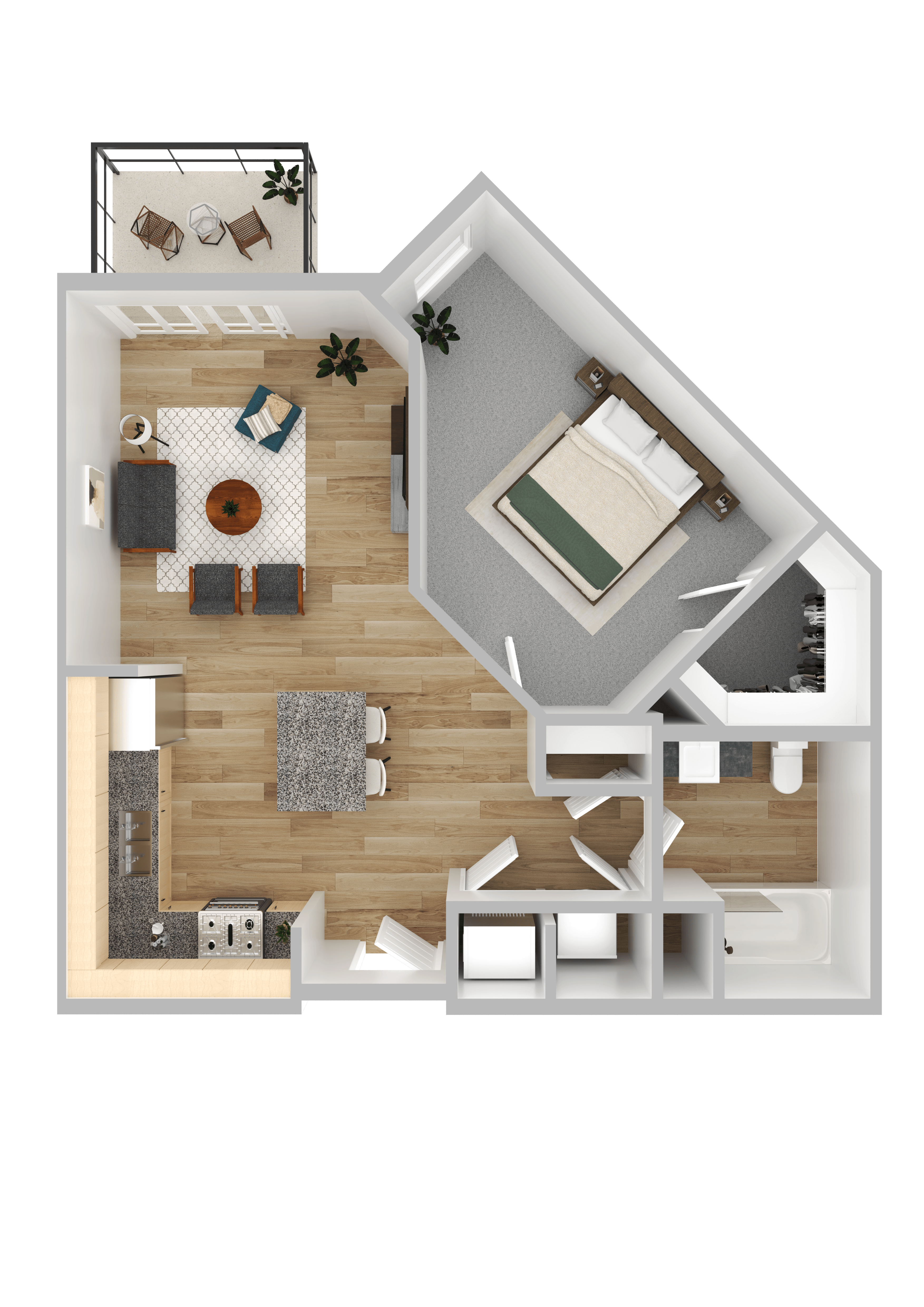 A top-down view of a house layout with a living room, kitchen, and bathroom.