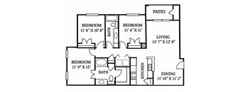 A black and white image of a house floor plan with a living room, two bedrooms, a bathroom, a kitchen, and a dining area.