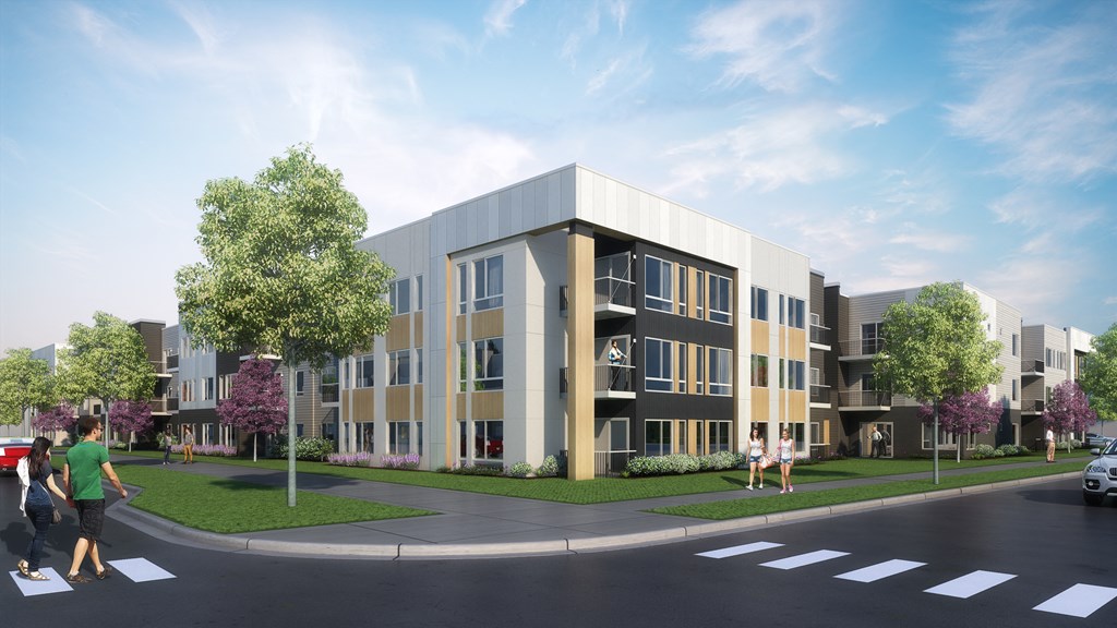a rendering of a three story building with people walking in front of it