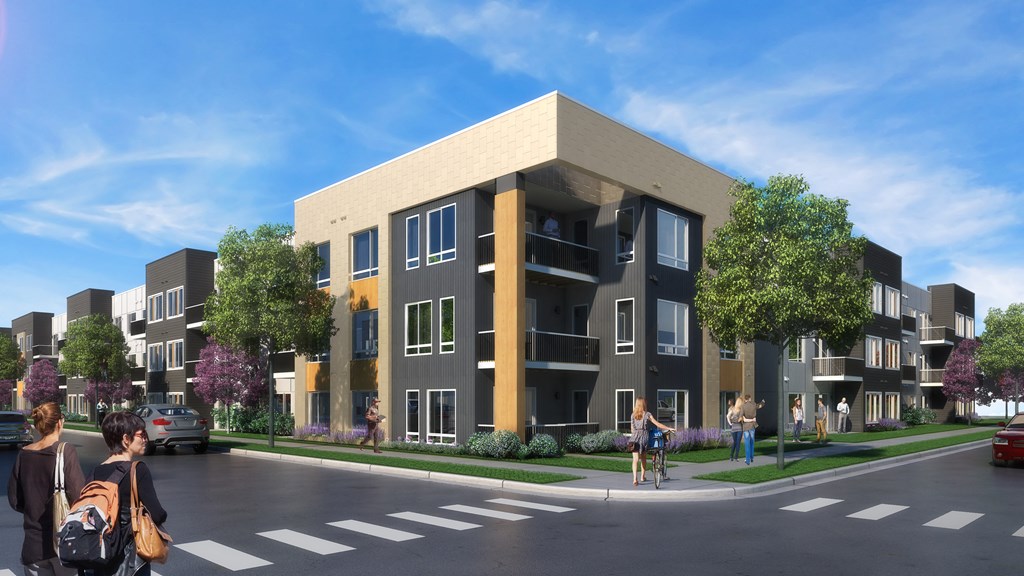 a rendering of an apartment building with people crossing the street