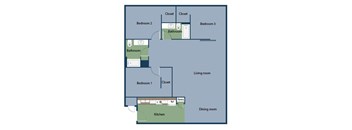 A diagram of a house layout with three bedrooms, a living room, a dining room, a kitchen, and two bathrooms.