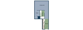 A diagram of a living room with a closet, bathroom, and kitchen.